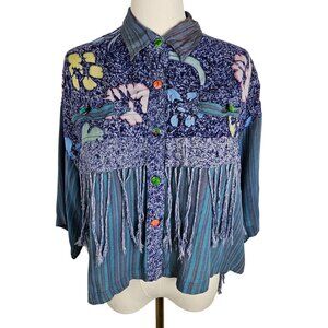 Vintage Passports Pier 1 Imports Floral Fringe Button Shirt Medium Blue Boho